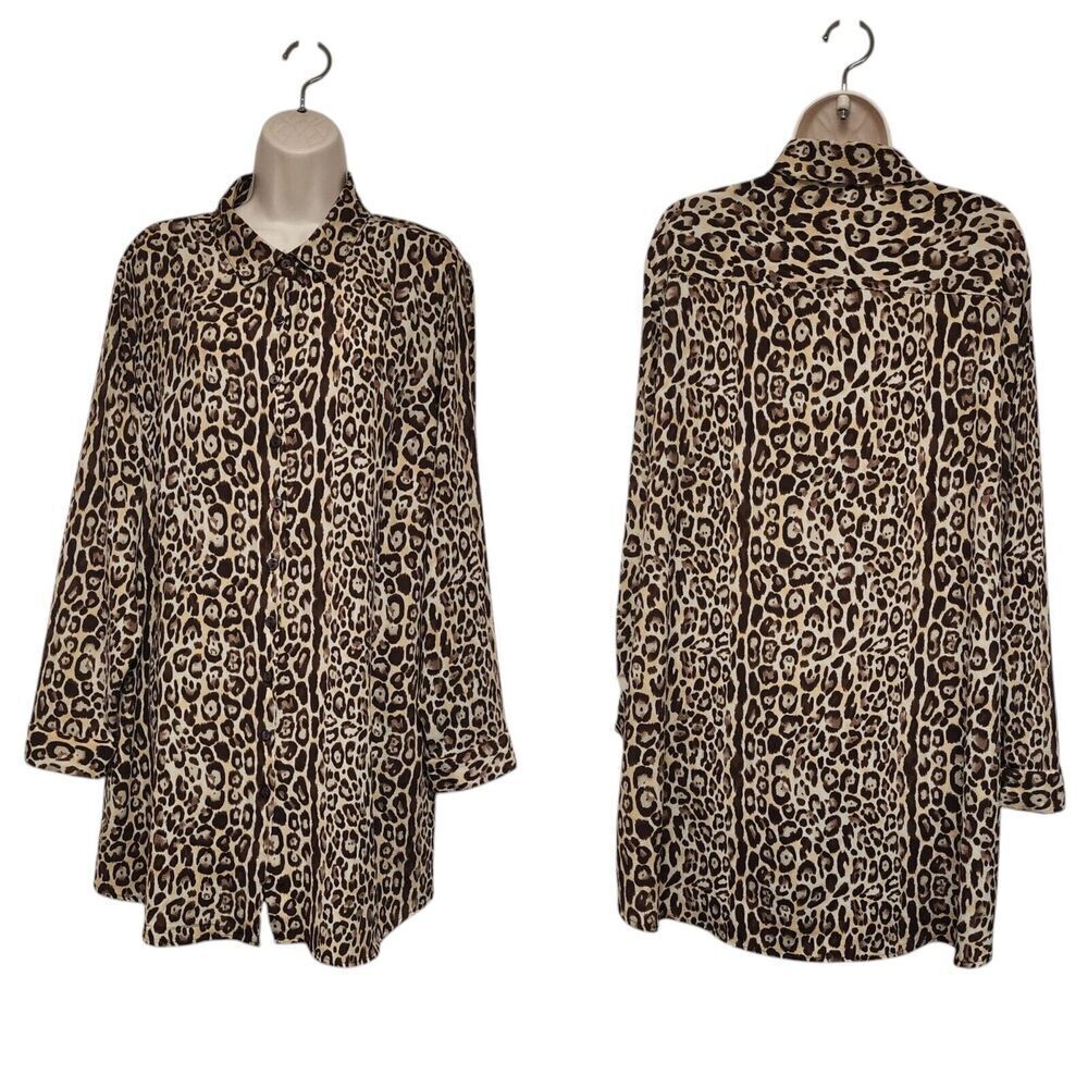 Unique Spectrum Women Plus Leopard Print Tunic Blouse Shirt Multi Brown Size 2X